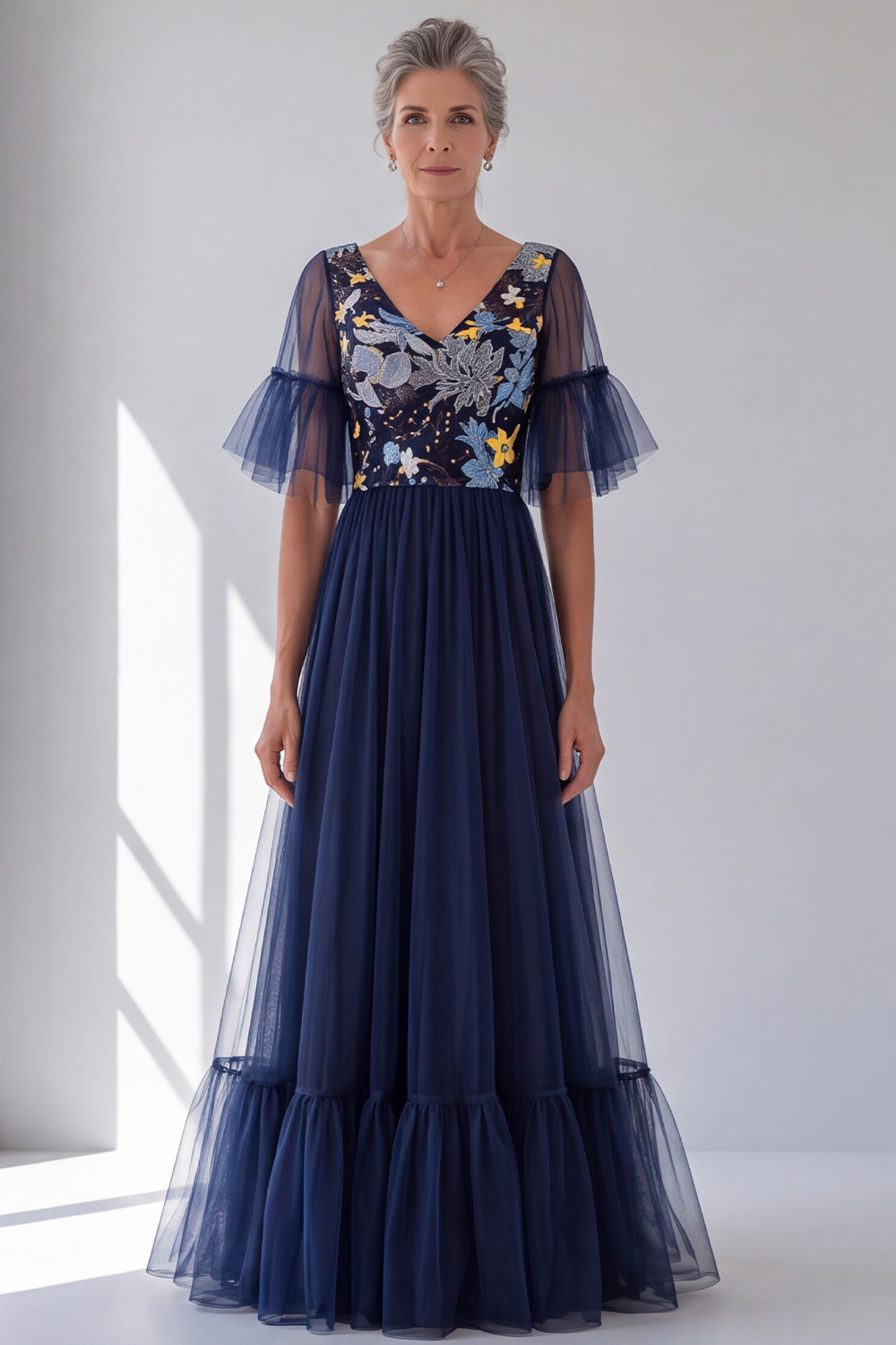 Navy A-Line V-Neck Floral Flutter Sleeves Long Formal Dress