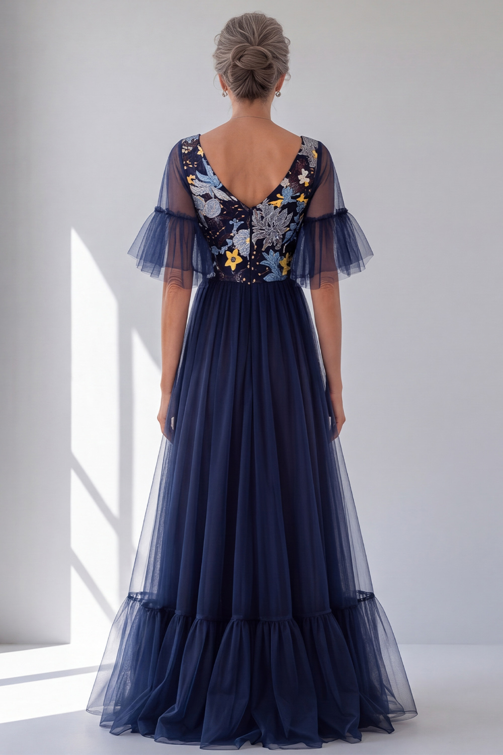 Navy A-Line V-Neck Floral Flutter Sleeves Long Formal Dress