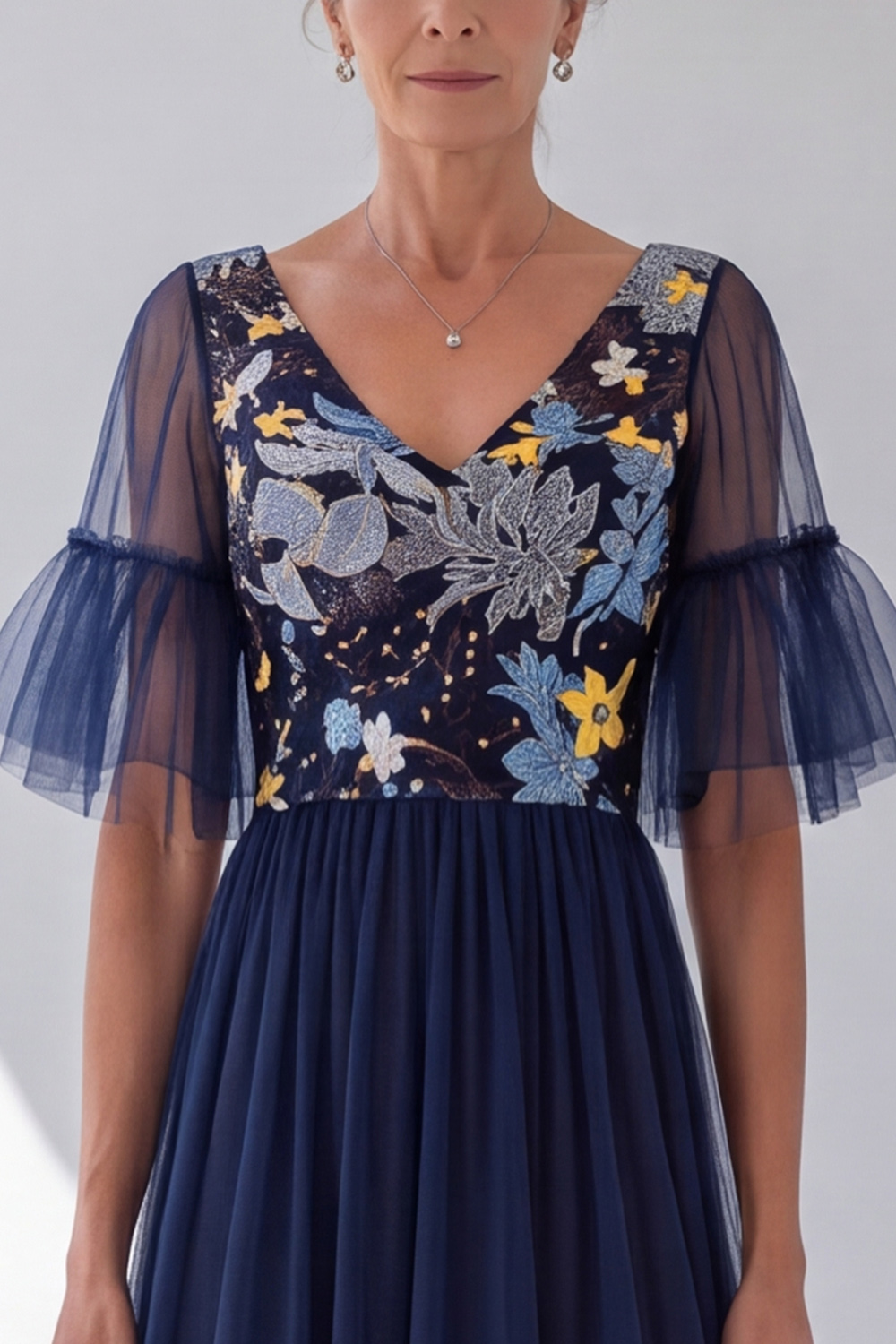 Navy A-Line V-Neck Floral Flutter Sleeves Long Formal Dress