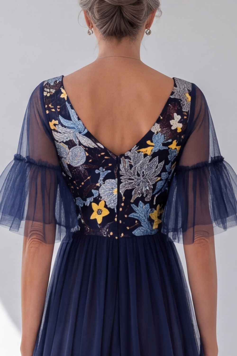 Navy A-Line V-Neck Floral Flutter Sleeves Long Formal Dress