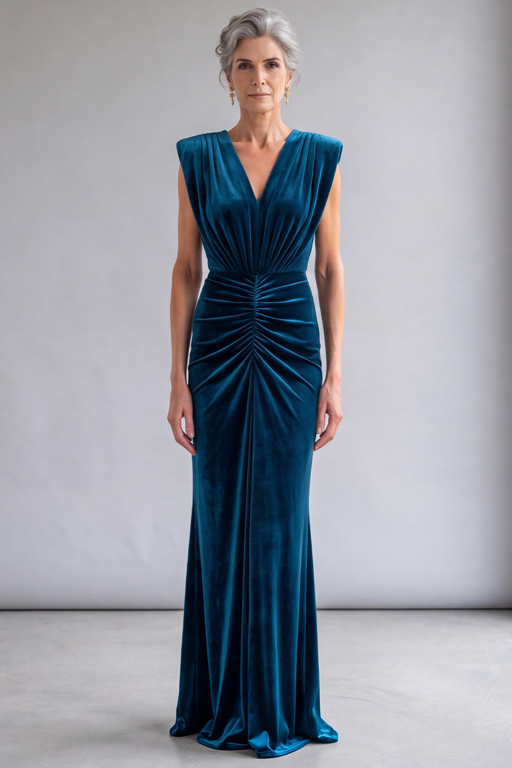 Peacock Blue Velvet Sheath V-Neck Ruched Long Mother of the Bride Dress