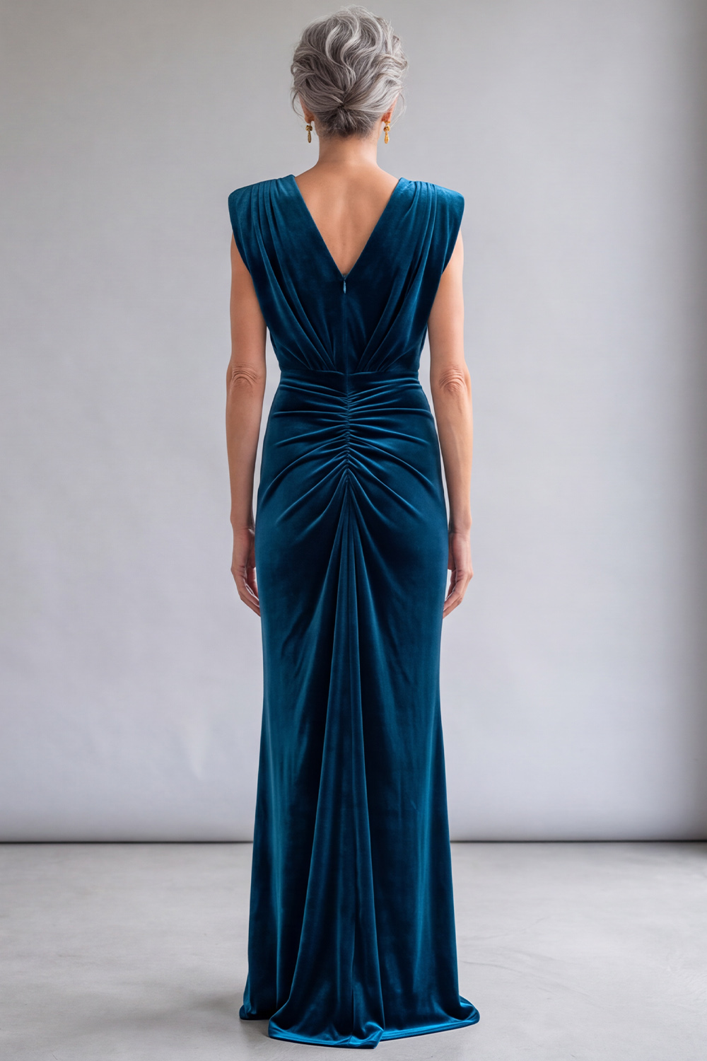 Peacock Blue Velvet Sheath V-Neck Ruched Long Mother of the Bride Dress