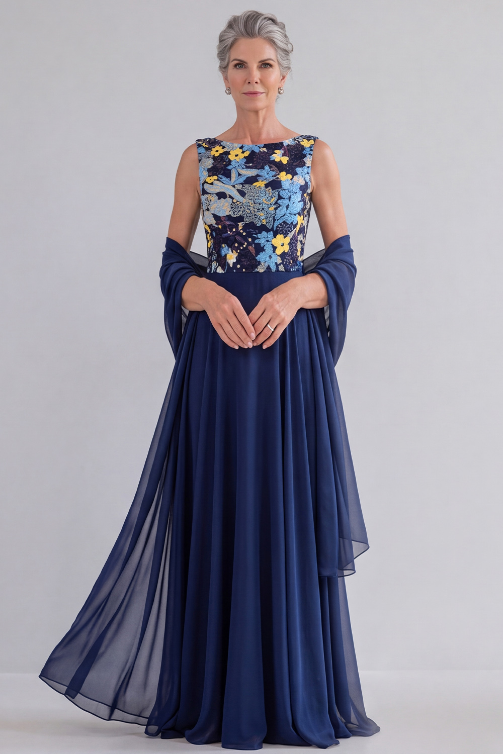Navy A-Line Round Neck Floral Long Formal Dress