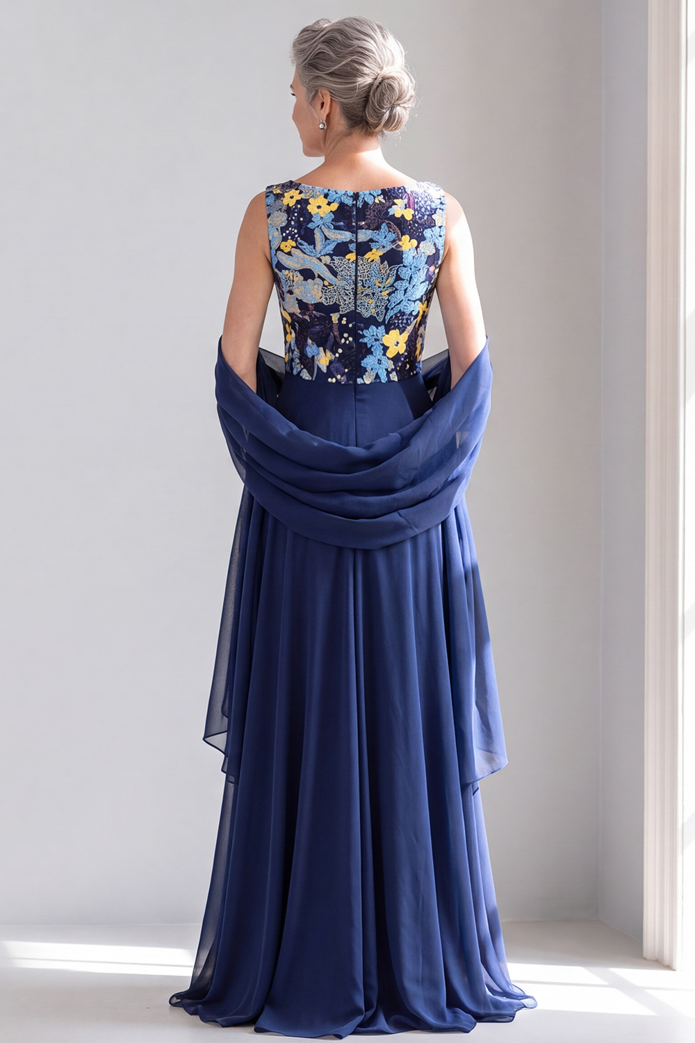 Navy A-Line Round Neck Floral Long Formal Dress