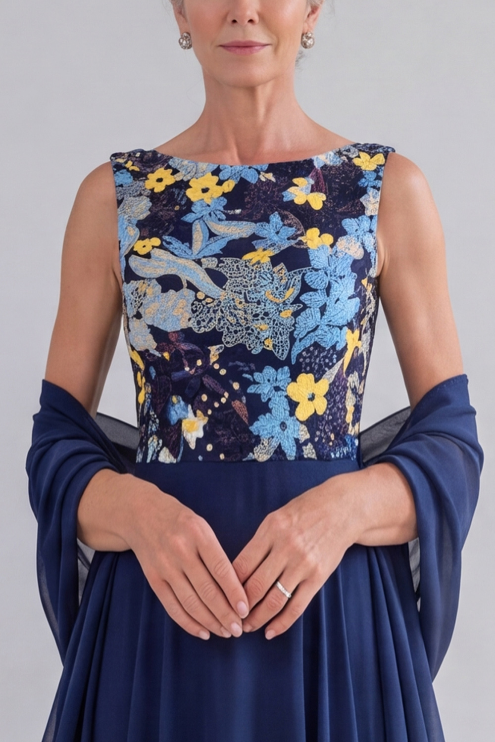 Navy A-Line Round Neck Floral Long Formal Dress