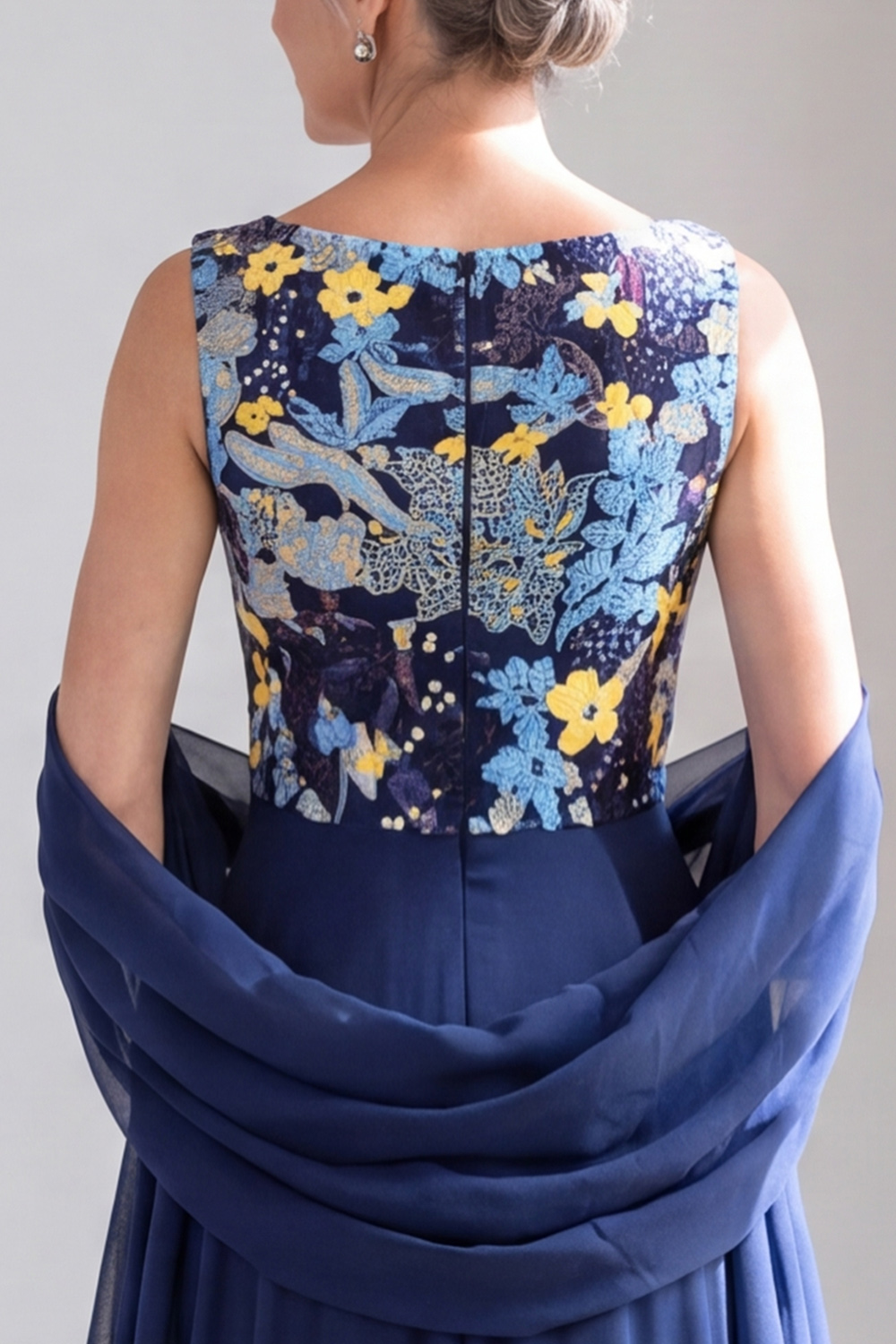 Navy A-Line Round Neck Floral Long Formal Dress