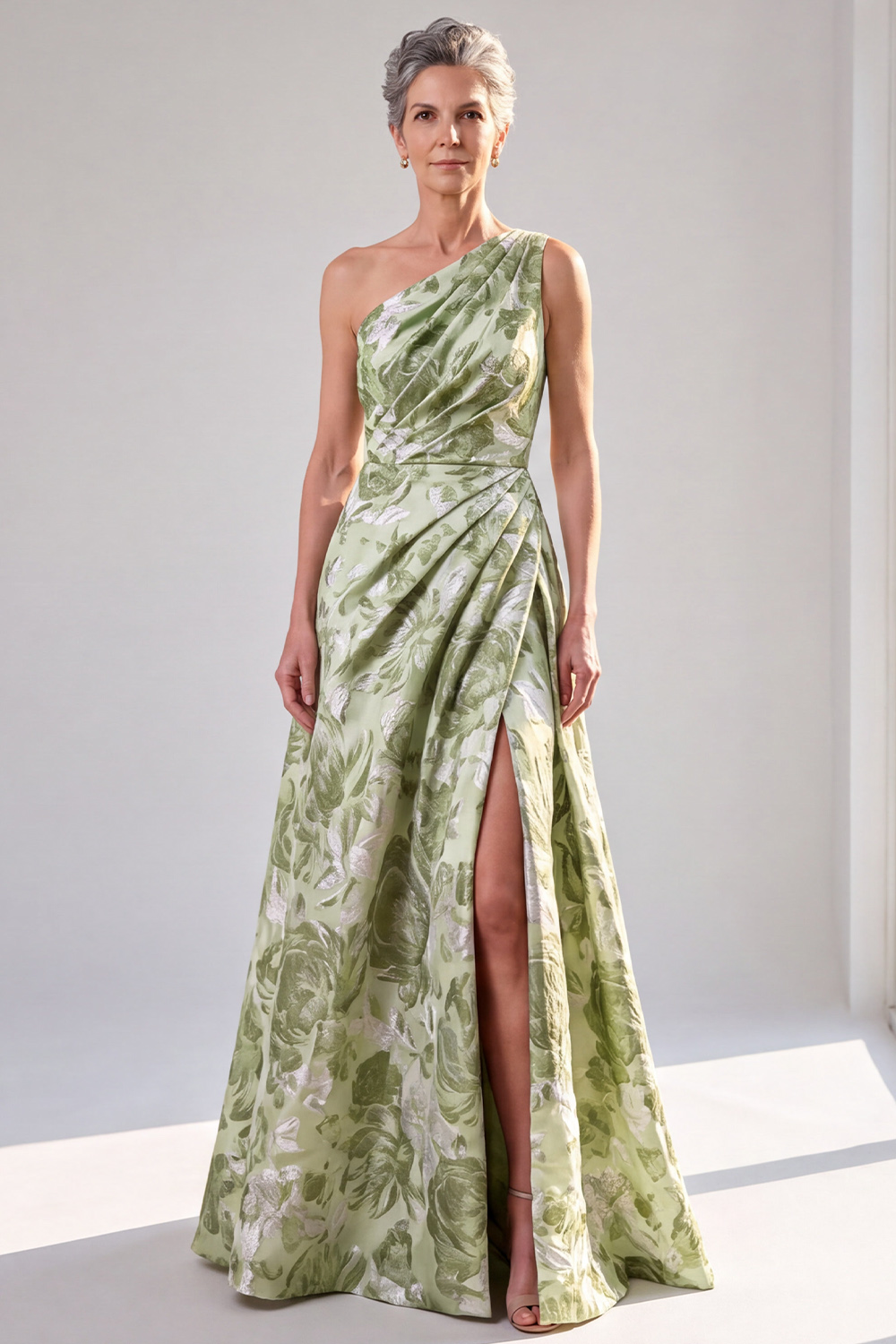 Sage Green A-Line One Shoulder Ruched Long Formal Dress with Slit