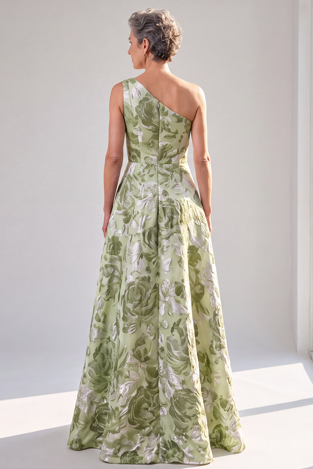 Sage Green A-Line One Shoulder Ruched Long Formal Dress with Slit