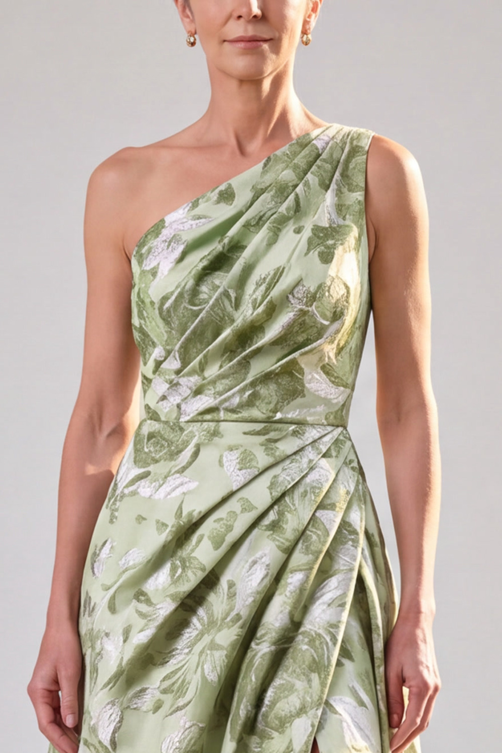 Sage Green A-Line One Shoulder Ruched Long Formal Dress with Slit
