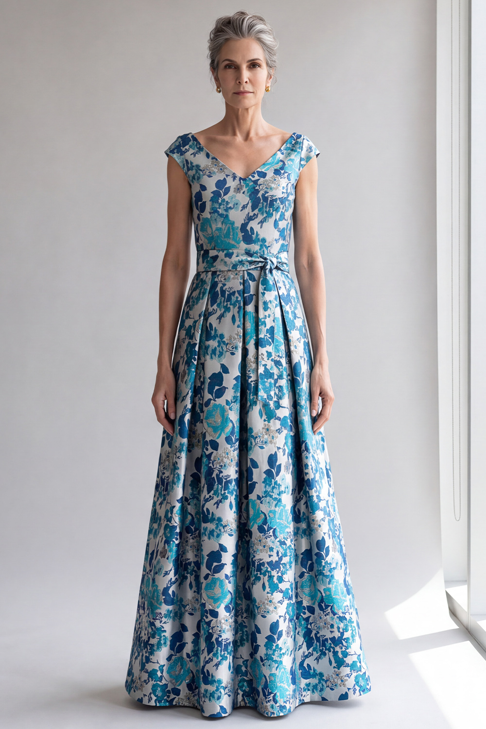 Blue Floral A-Line V-Neck Long Formal Dress with Belt