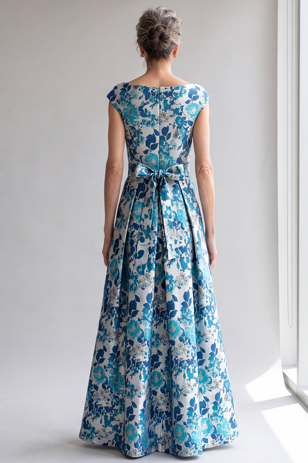 Blue Floral A-Line V-Neck Long Formal Dress with Belt