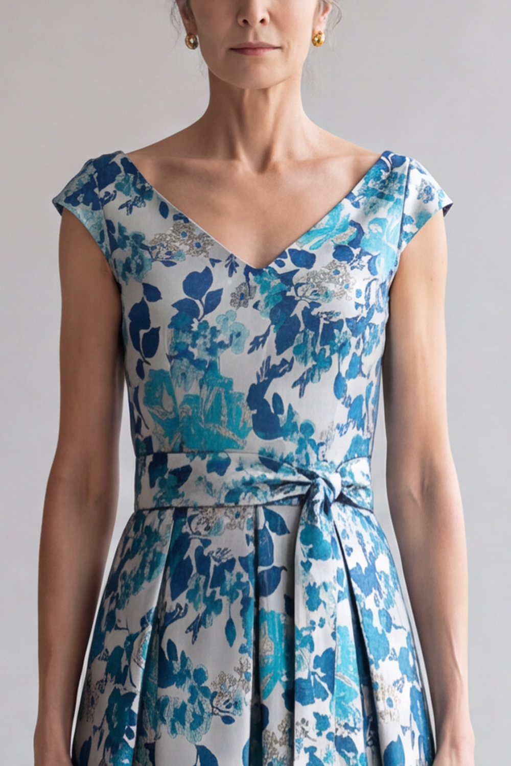 Blue Floral A-Line V-Neck Long Formal Dress with Belt