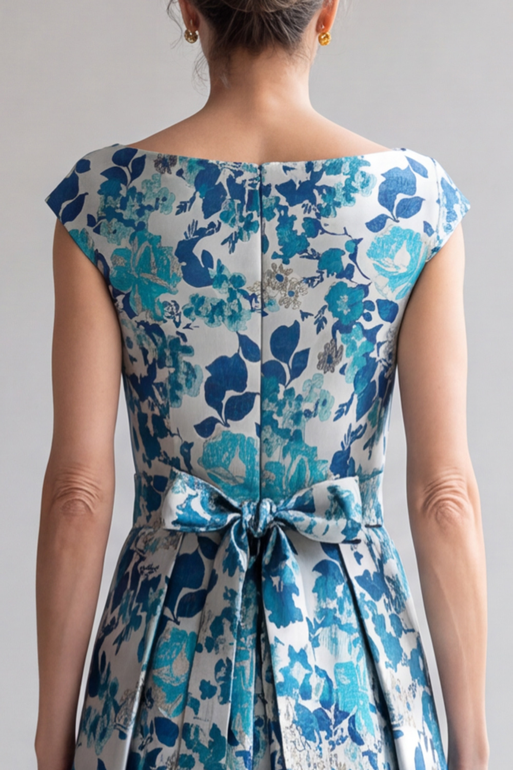Blue Floral A-Line V-Neck Long Formal Dress with Belt