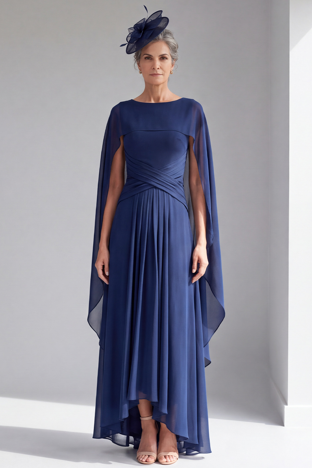 Navy A-Line Boat Neck Ruched Long Formal Dress with Cape