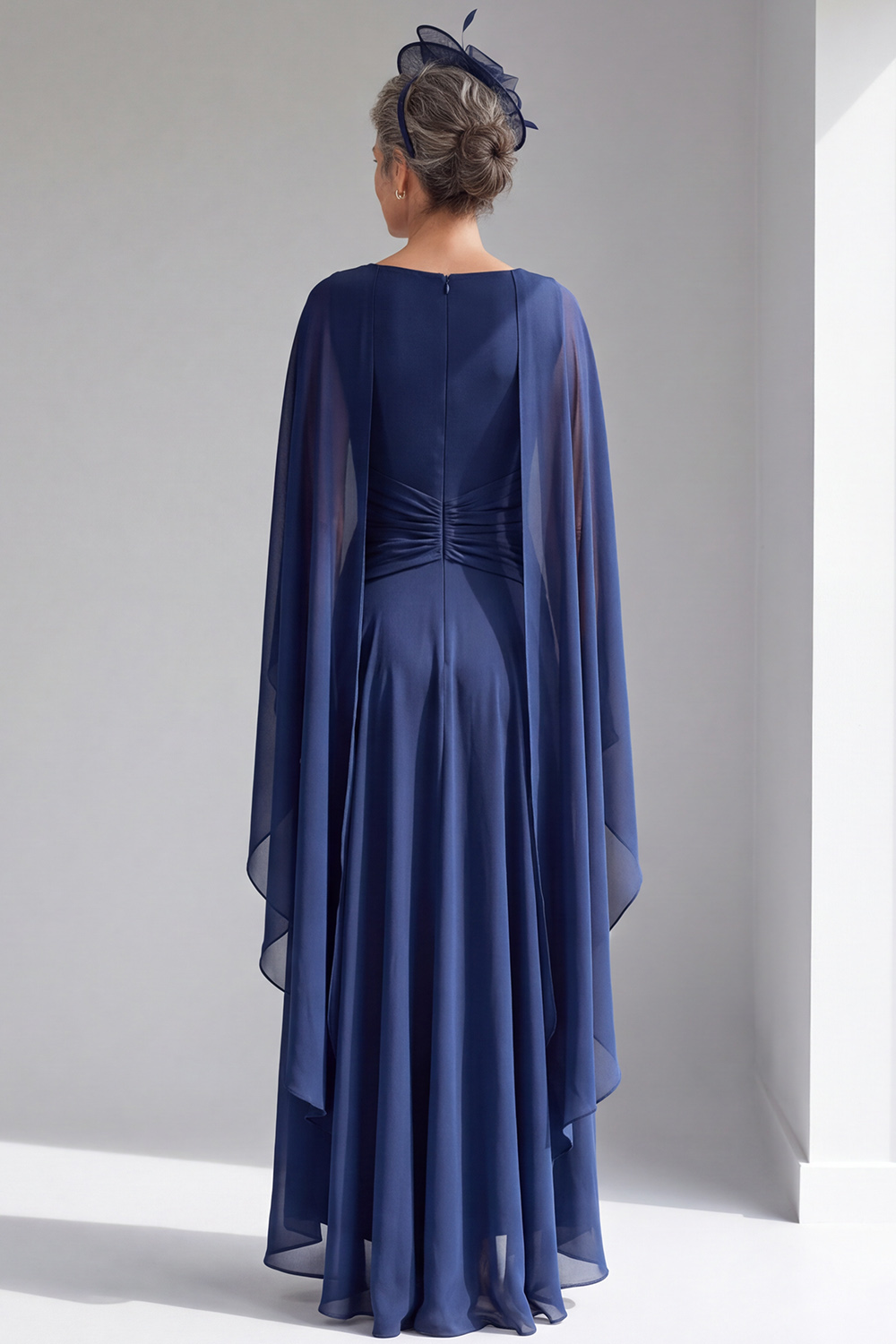 Navy A-Line Boat Neck Ruched Long Formal Dress with Cape