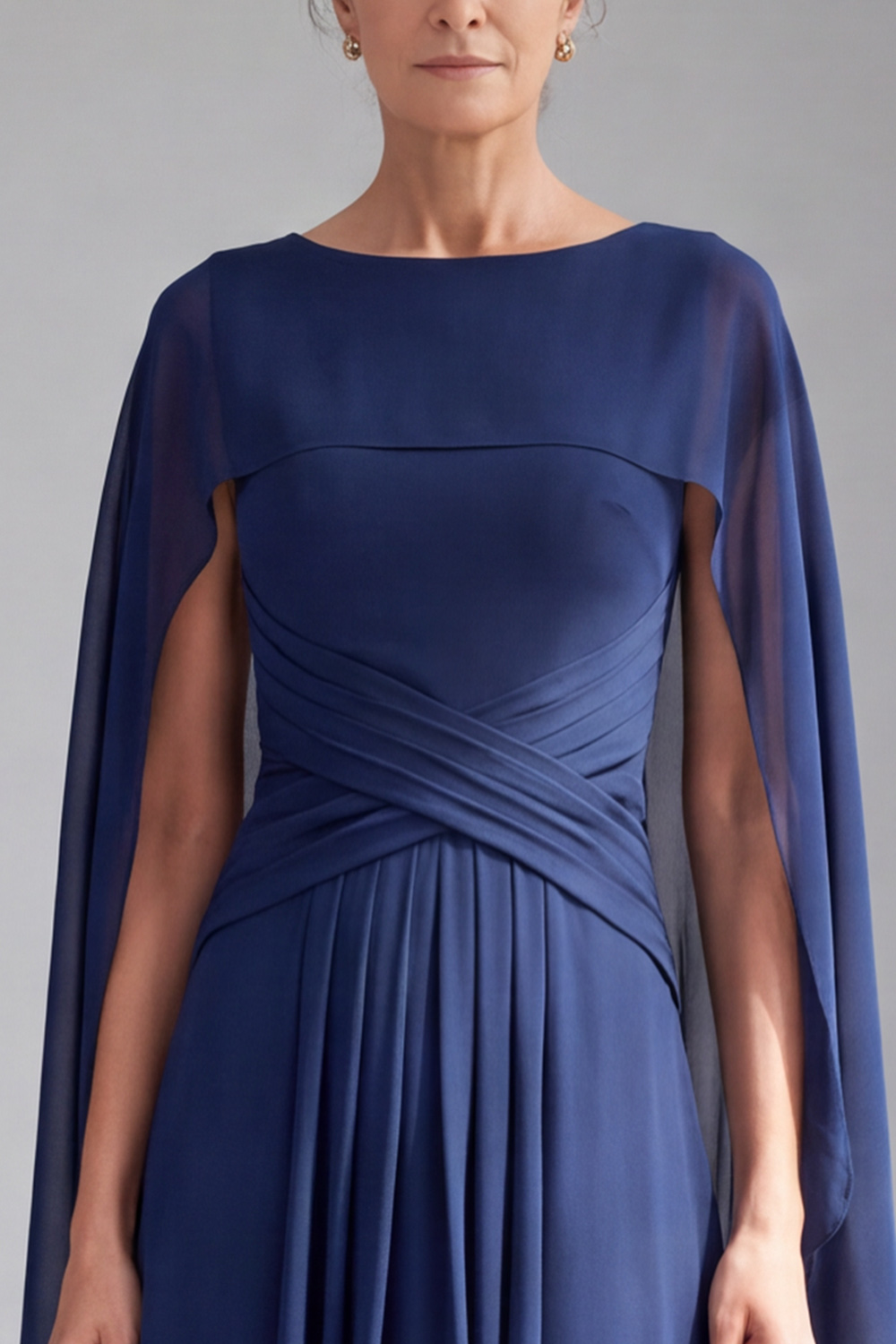 Navy A-Line Boat Neck Ruched Long Formal Dress with Cape