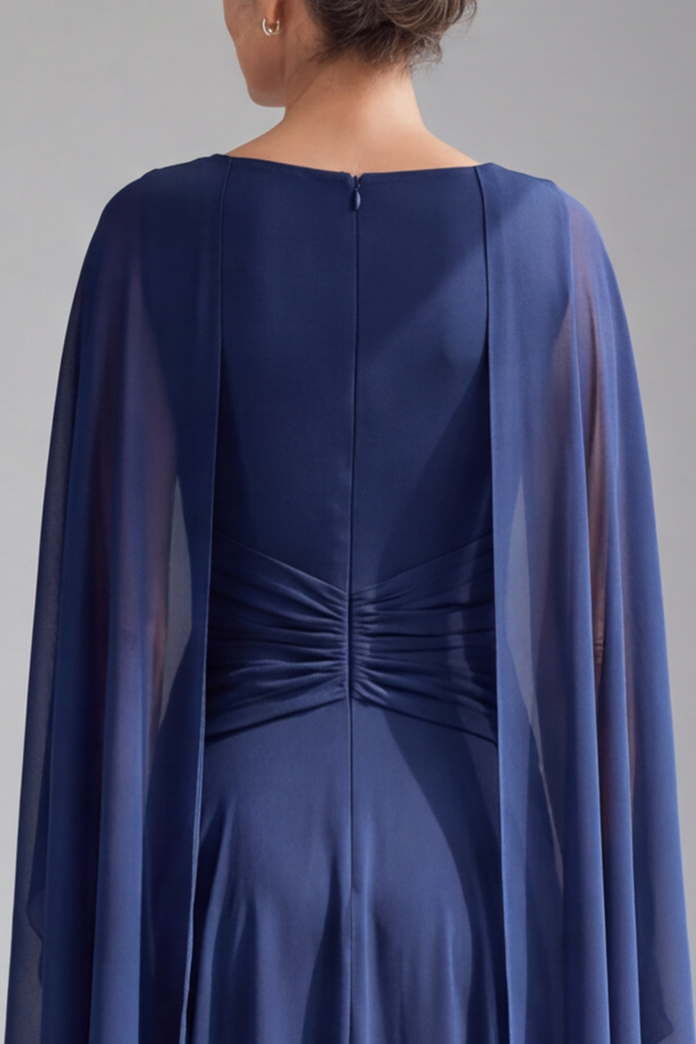 Navy A-Line Boat Neck Ruched Long Formal Dress with Cape
