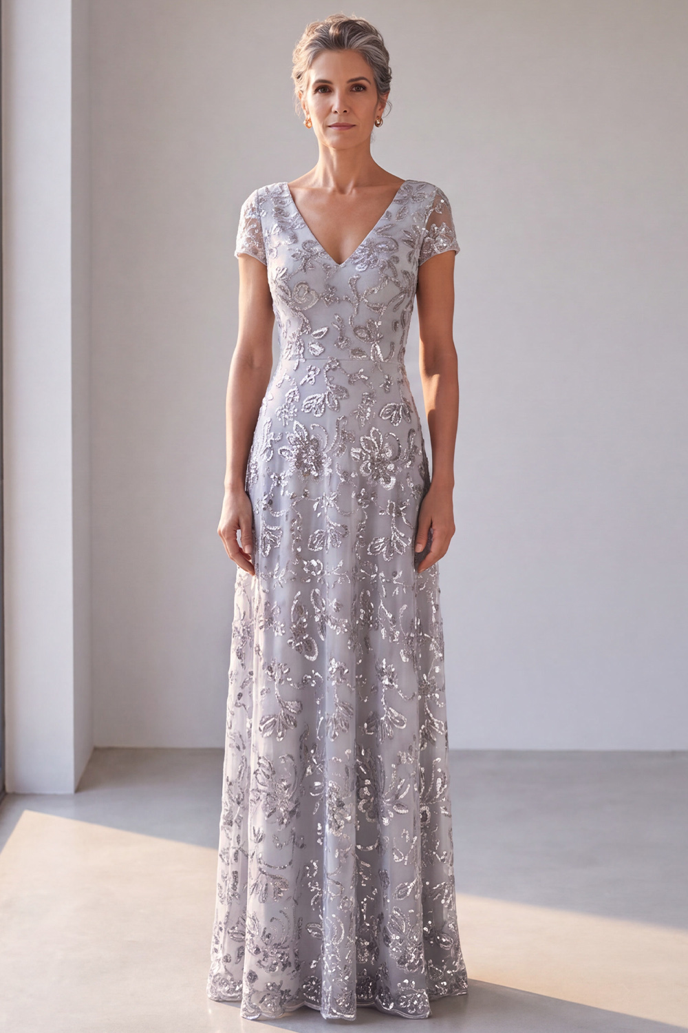 Sparkly Silver Grey Sheath V-Neck Floral Long Formal Dress