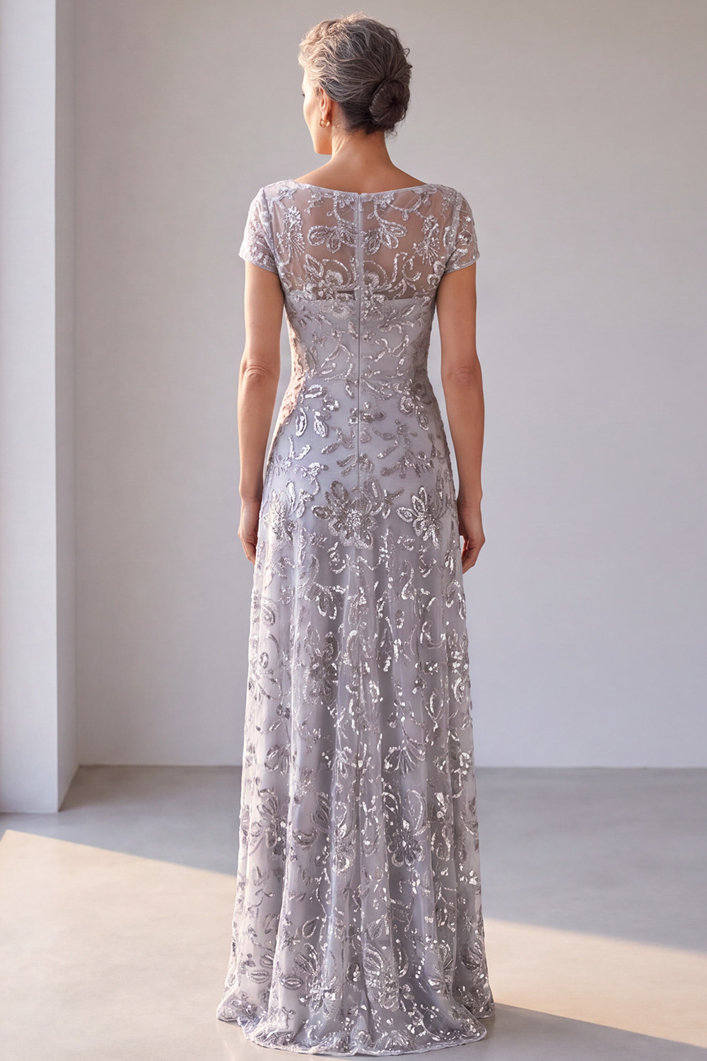 Sparkly Silver Grey Sheath V-Neck Floral Long Formal Dress