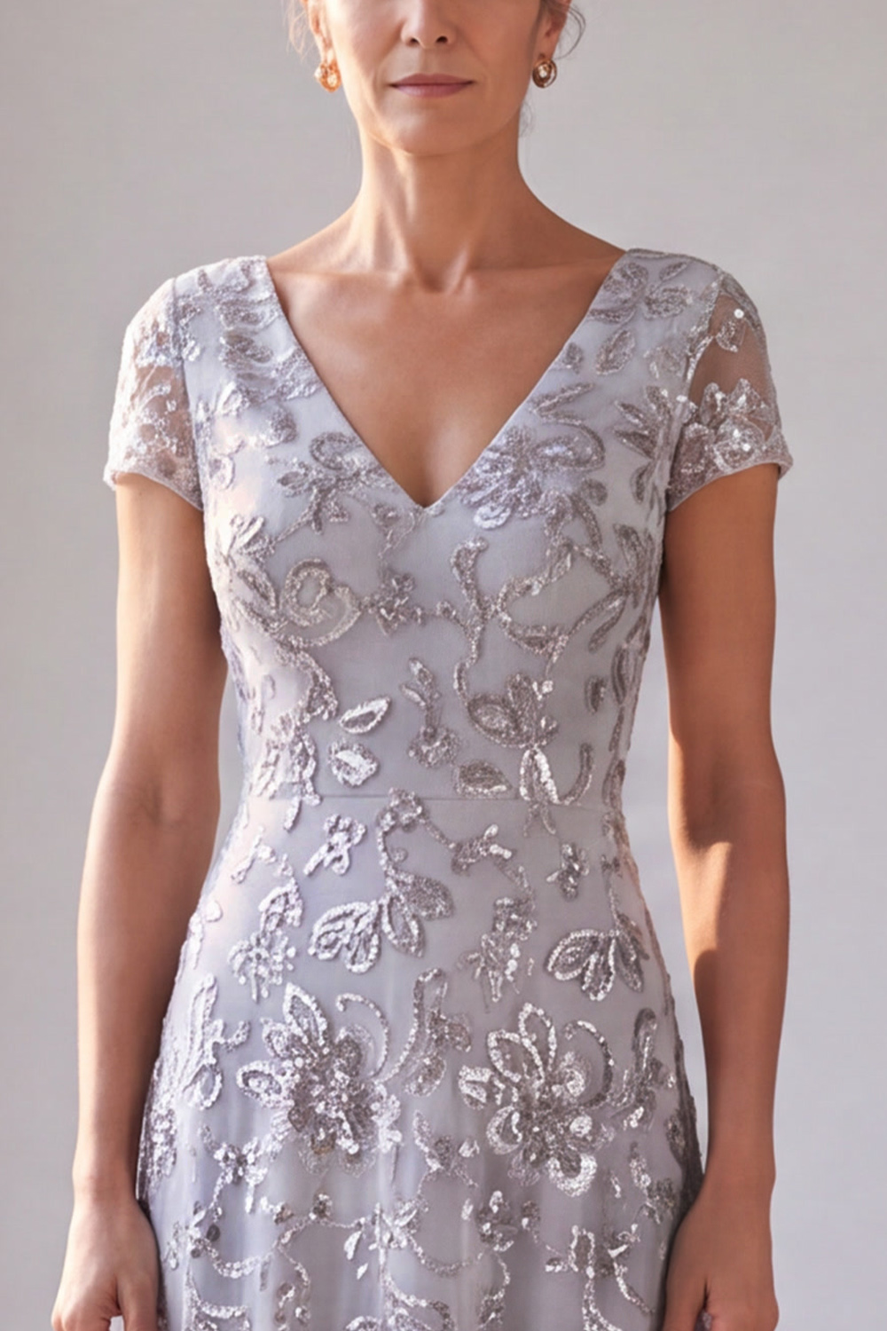 Sparkly Silver Grey Sheath V-Neck Floral Long Formal Dress
