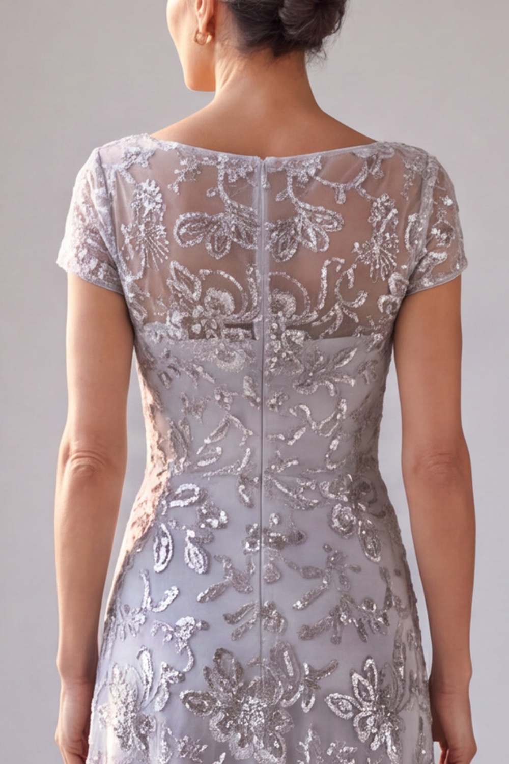 Sparkly Silver Grey Sheath V-Neck Floral Long Formal Dress