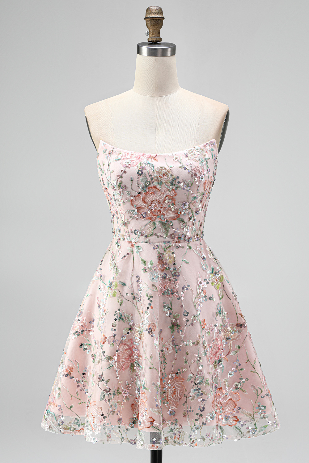 Sparkly Blush Floral Sequin A Line Strapless Short Homecoming Dress