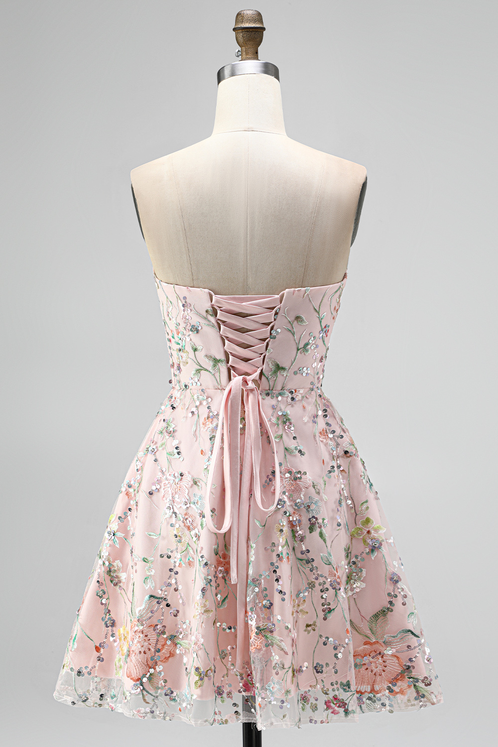 Sparkly Blush Floral Sequin A Line Strapless Short Homecoming Dress