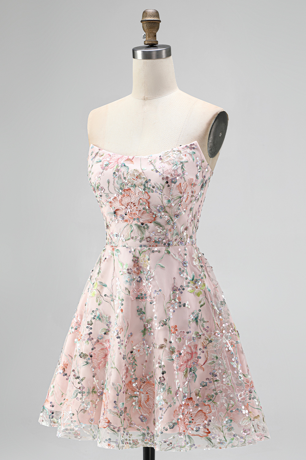 Sparkly Blush Floral Sequin A Line Strapless Short Homecoming Dress