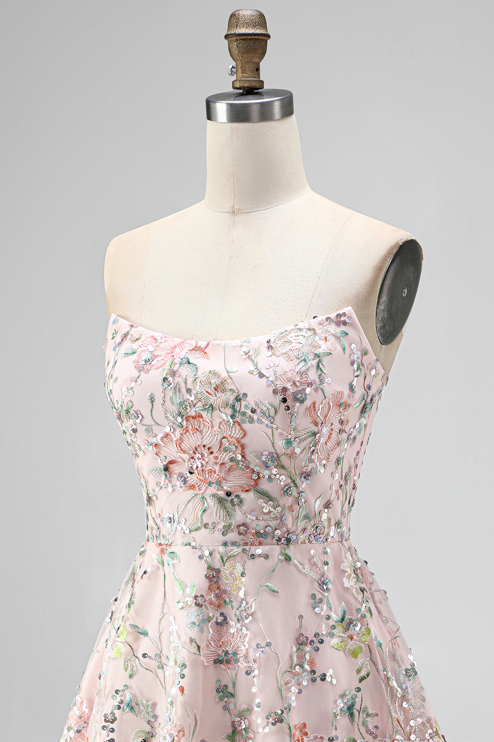 Sparkly Blush Floral Sequin A Line Strapless Short Homecoming Dress