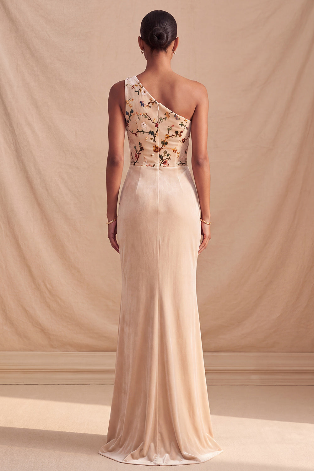 Champagne Velvet Floral Mermaid Corset Long Wedding Gues Dress with Slit