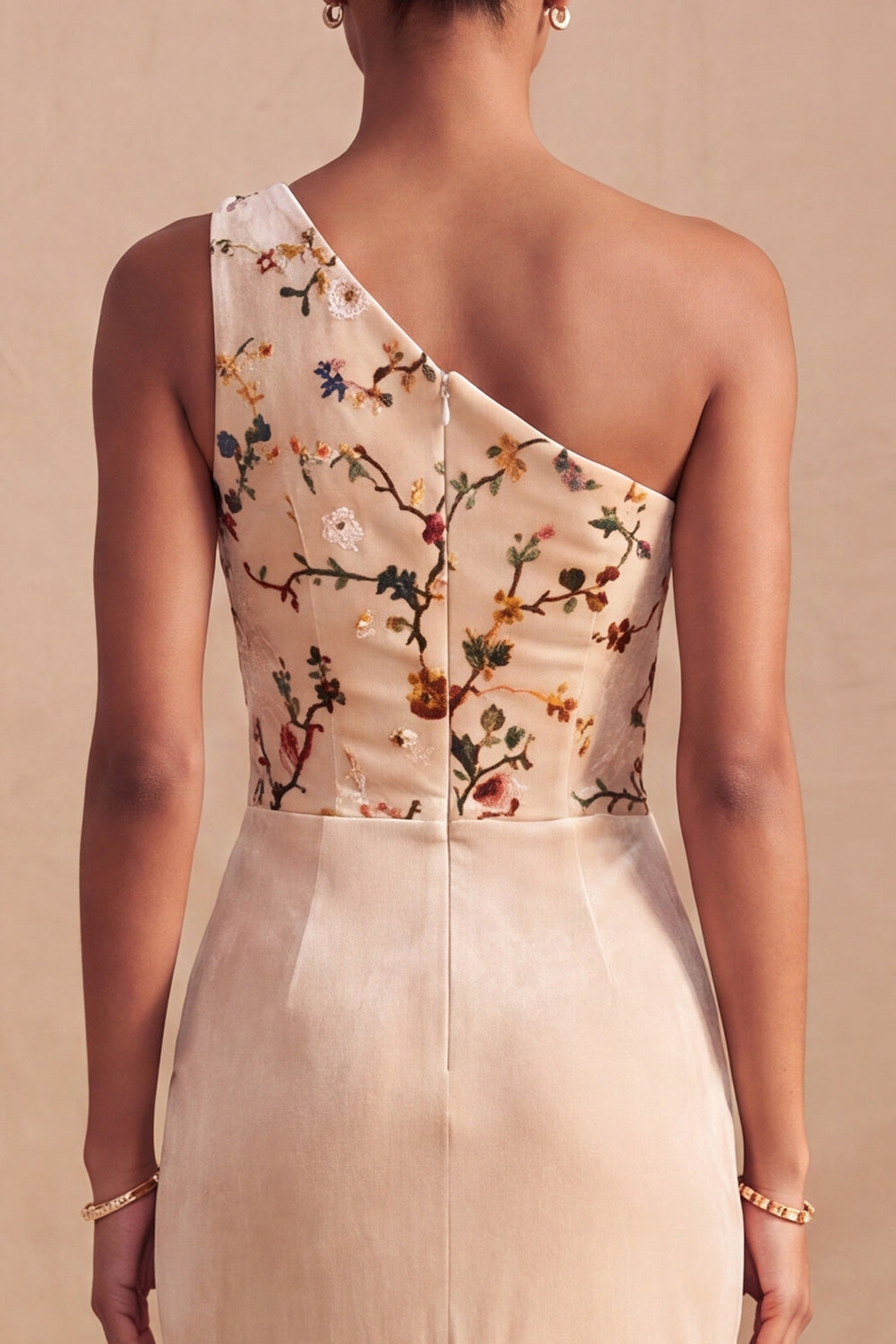 Champagne Velvet Floral Mermaid Corset Long Wedding Gues Dress with Slit