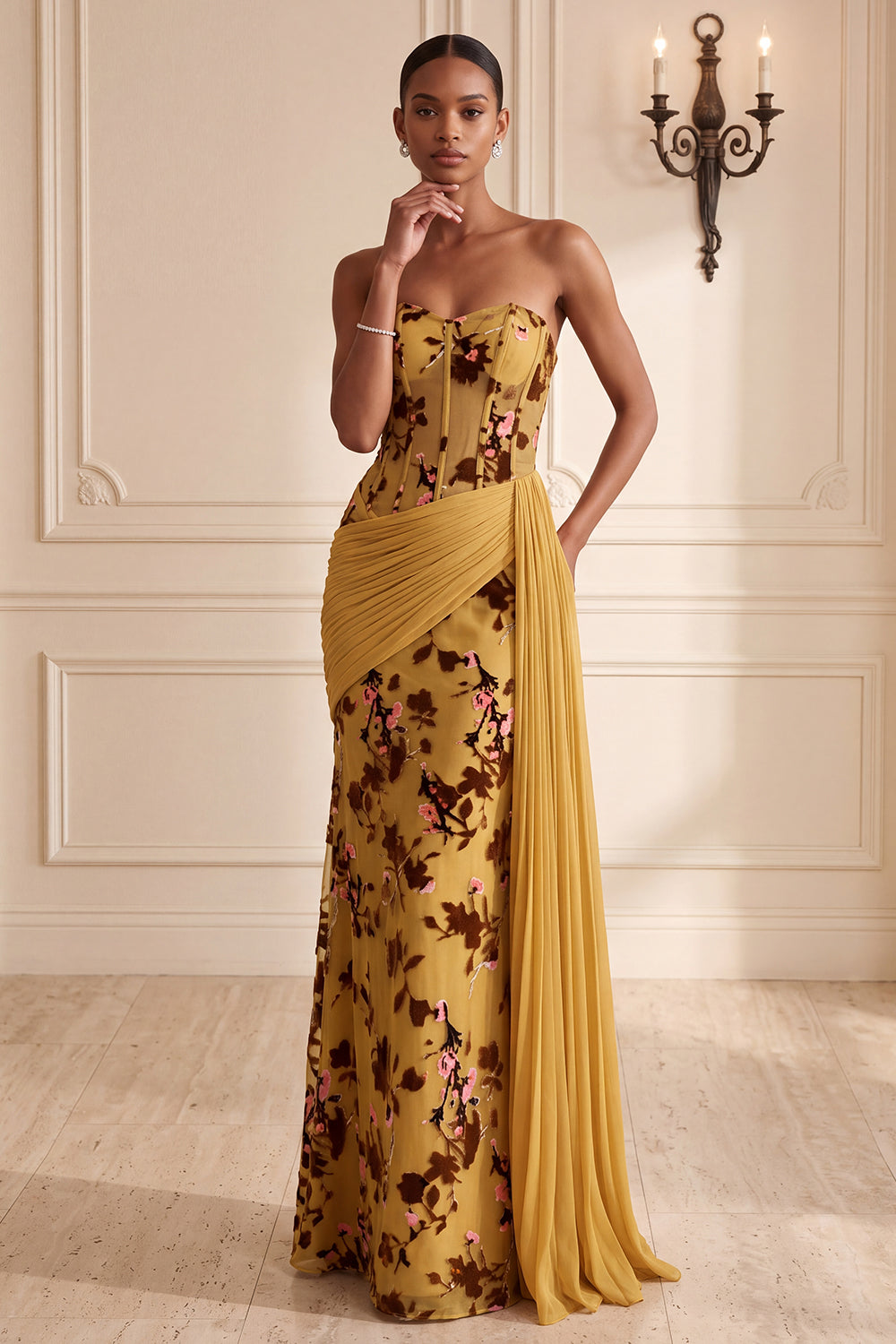 Floral Ginger Yellow Corset Draped Sheath Long Wedding Guest Dress with Side Cape