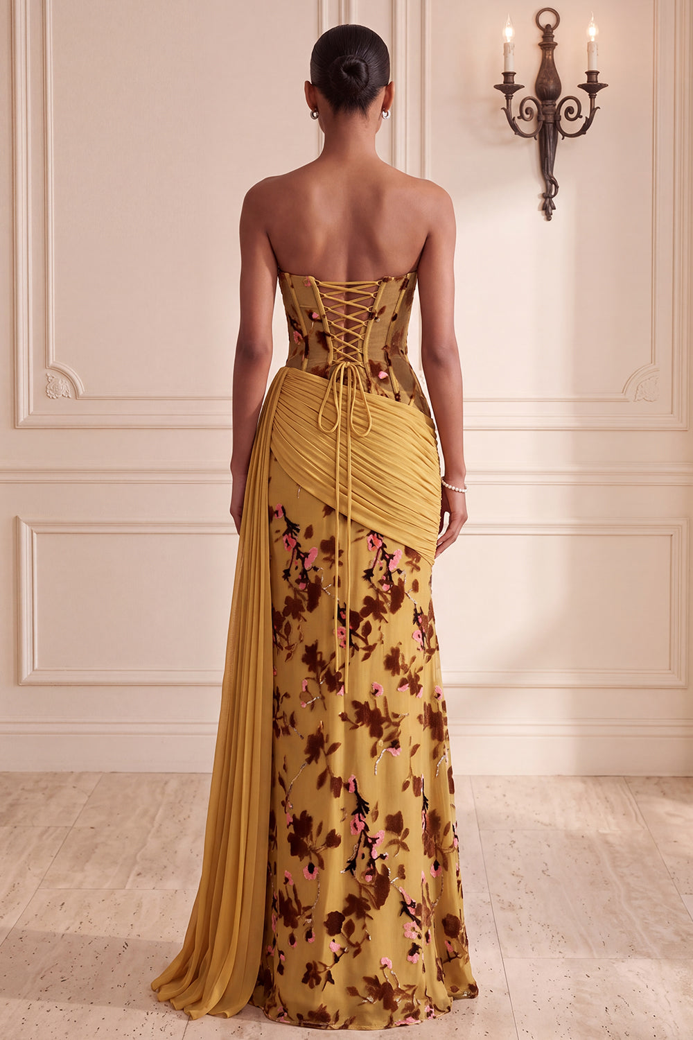 Floral Ginger Yellow Corset Draped Sheath Long Wedding Guest Dress with Side Cape