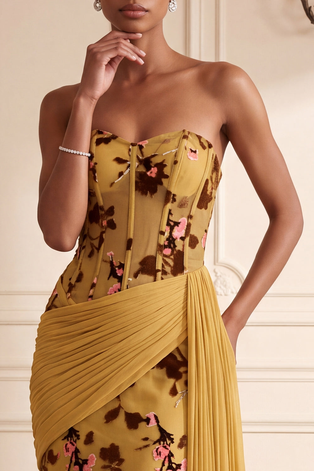 Floral Ginger Yellow Corset Draped Sheath Long Wedding Guest Dress with Side Cape