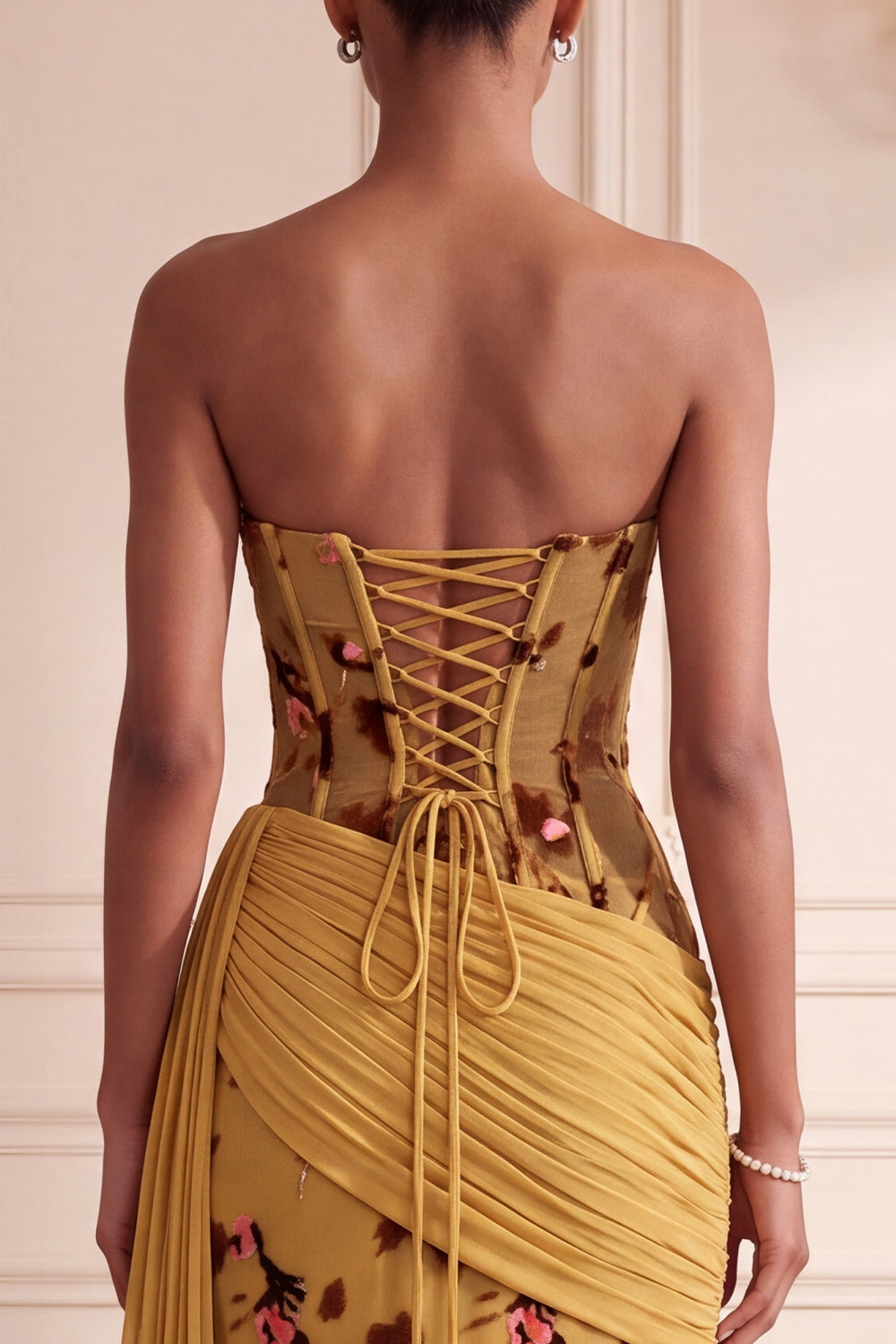 Floral Ginger Yellow Corset Draped Sheath Long Wedding Guest Dress with Side Cape