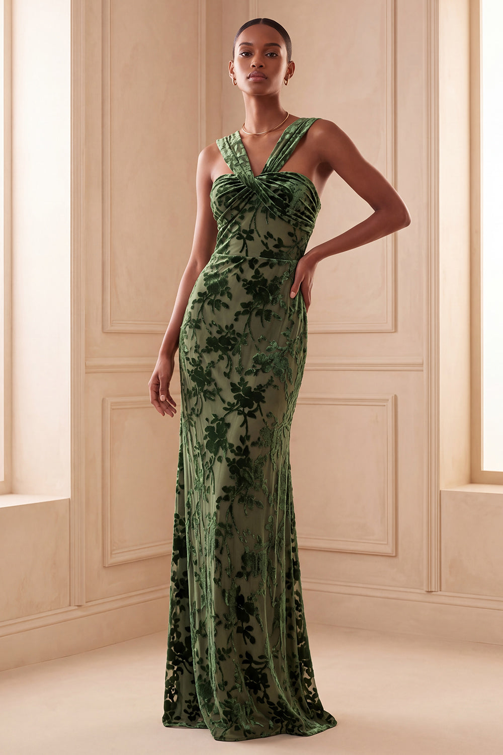 Eucalyptus Velvet Floral Halter Sheath Ruched Long Wedding Gues Dress