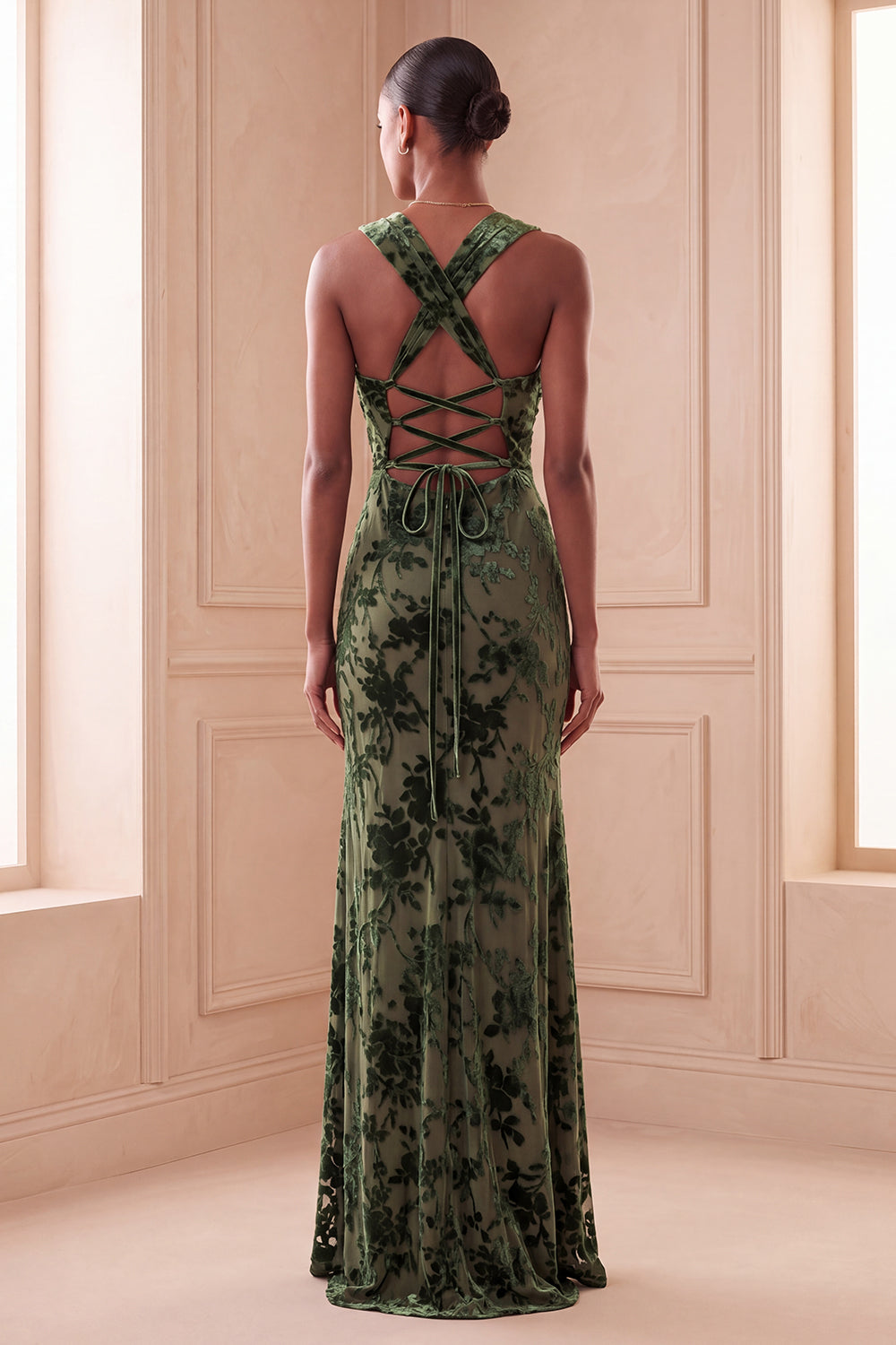 Eucalyptus Velvet Floral Halter Sheath Ruched Long Wedding Gues Dress