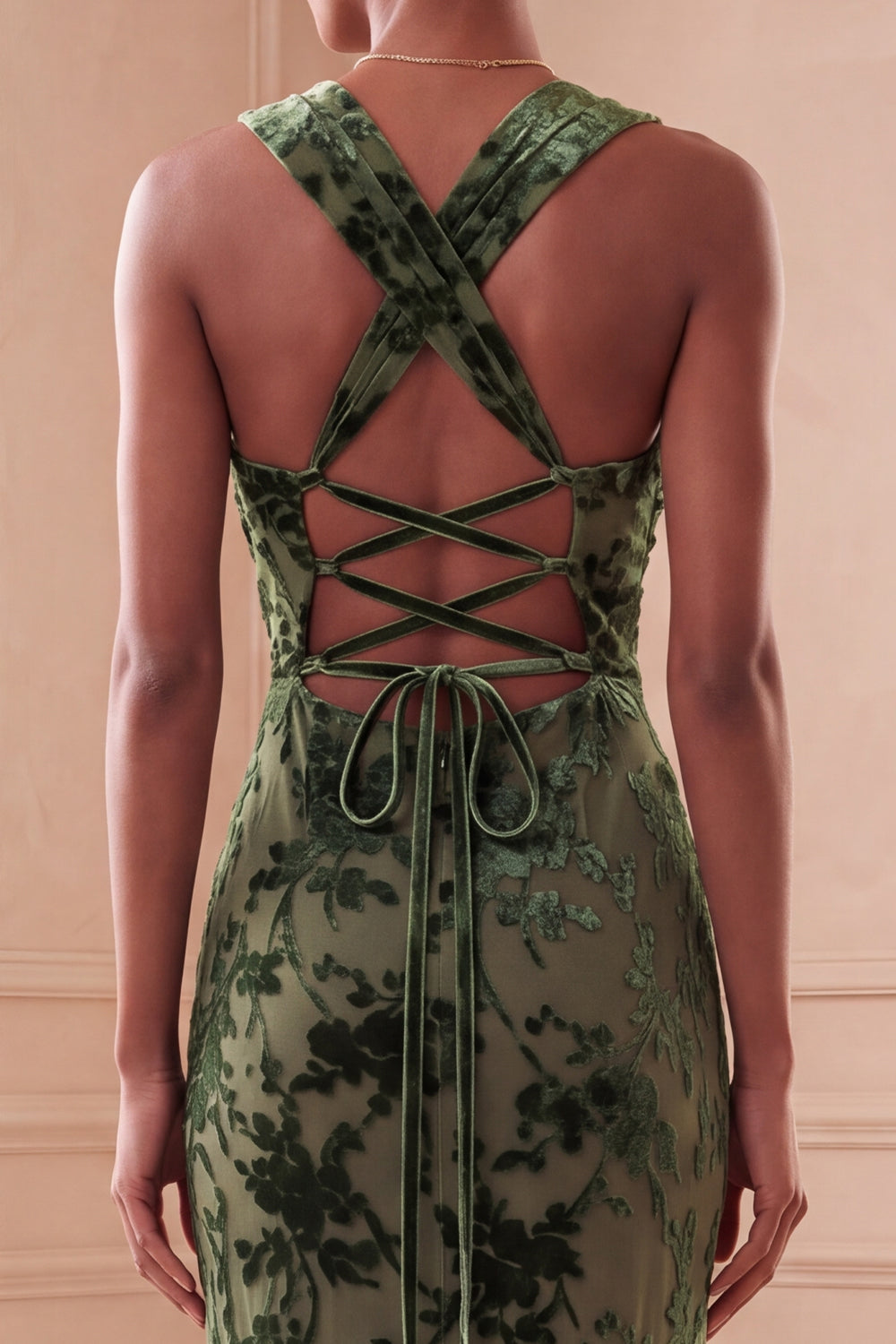 Eucalyptus Velvet Floral Halter Sheath Ruched Long Wedding Gues Dress