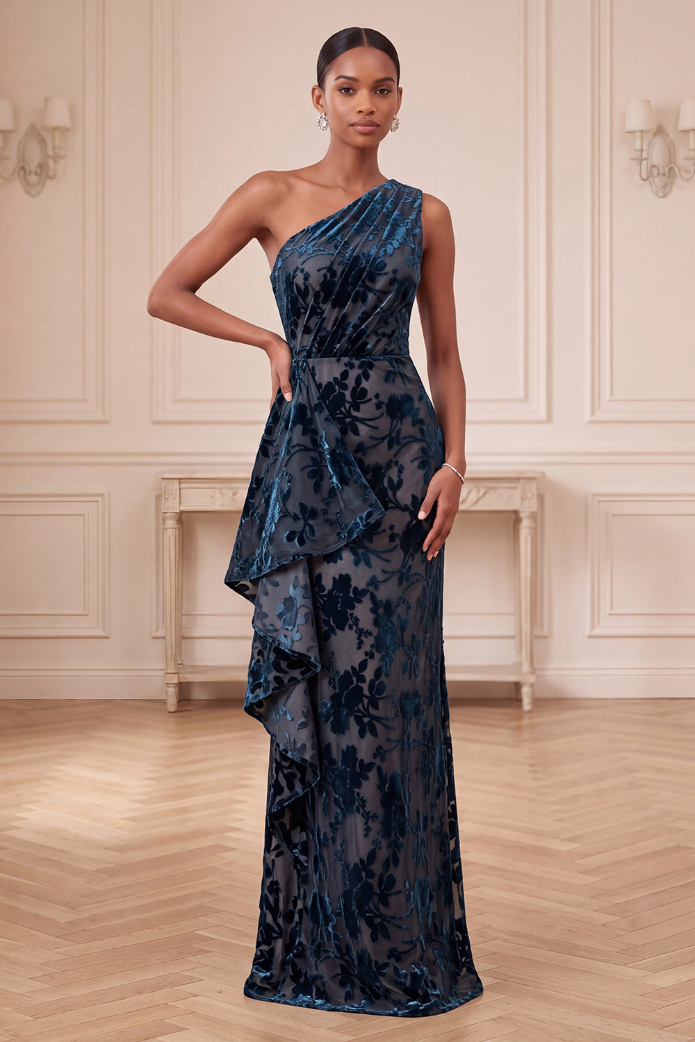 Navy Velvet One Shoulder Sheath Ruffled Floral Long Wedding Gues Dress