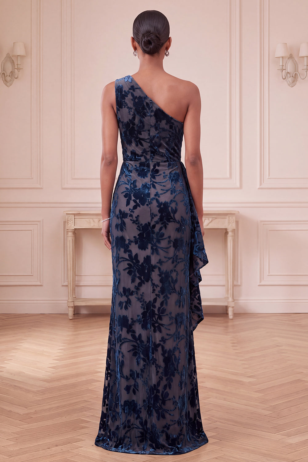 Navy Velvet One Shoulder Sheath Ruffled Floral Long Wedding Gues Dress