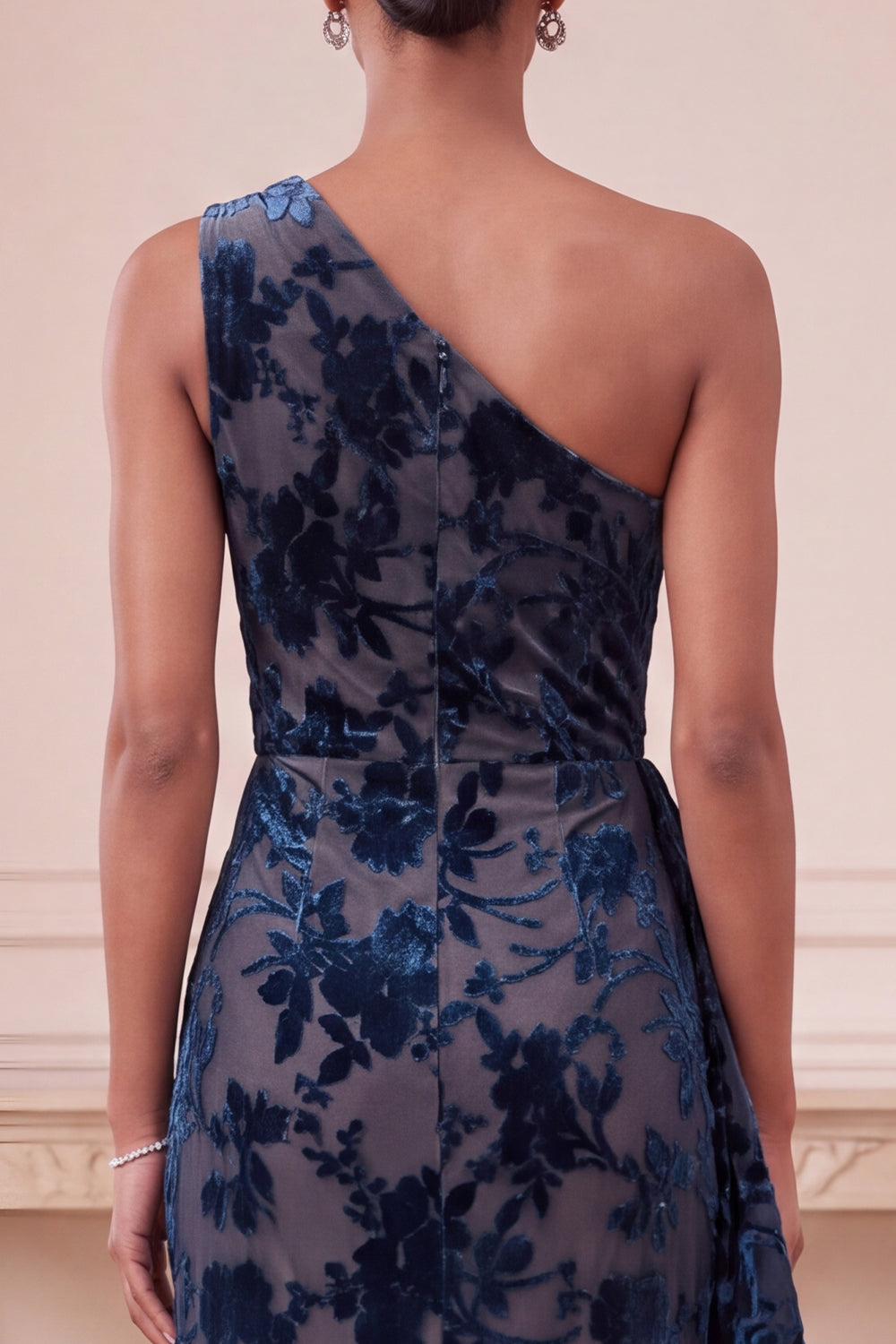 Navy Velvet One Shoulder Sheath Ruffled Floral Long Wedding Gues Dress