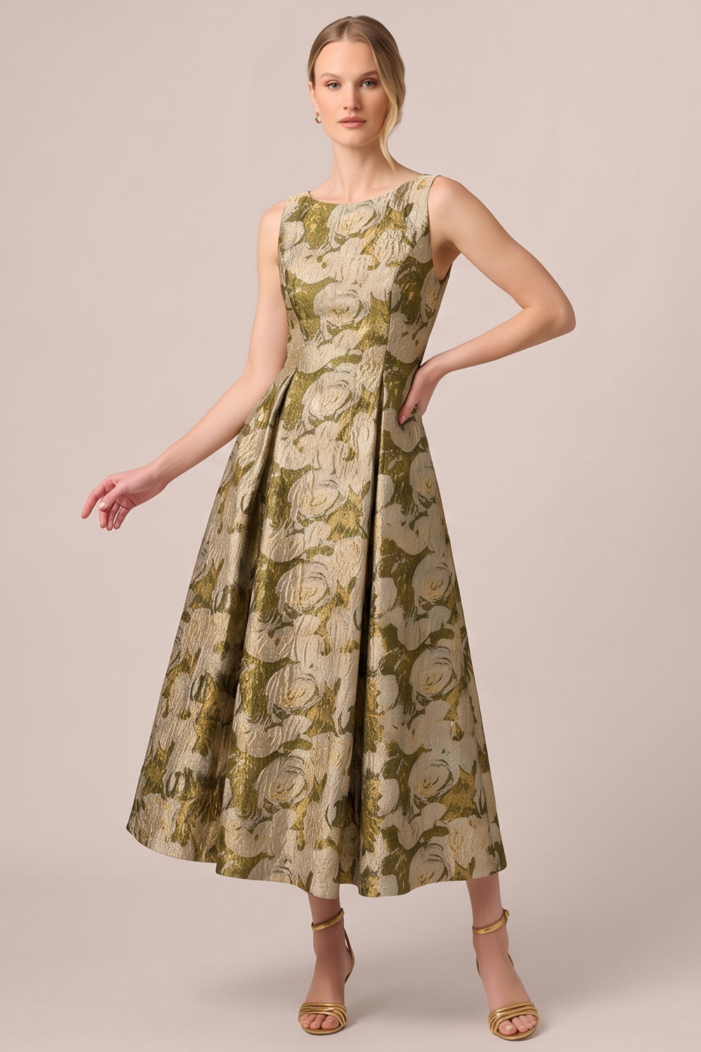 Floral Gold A-Line Round Neck Long Formal Dress