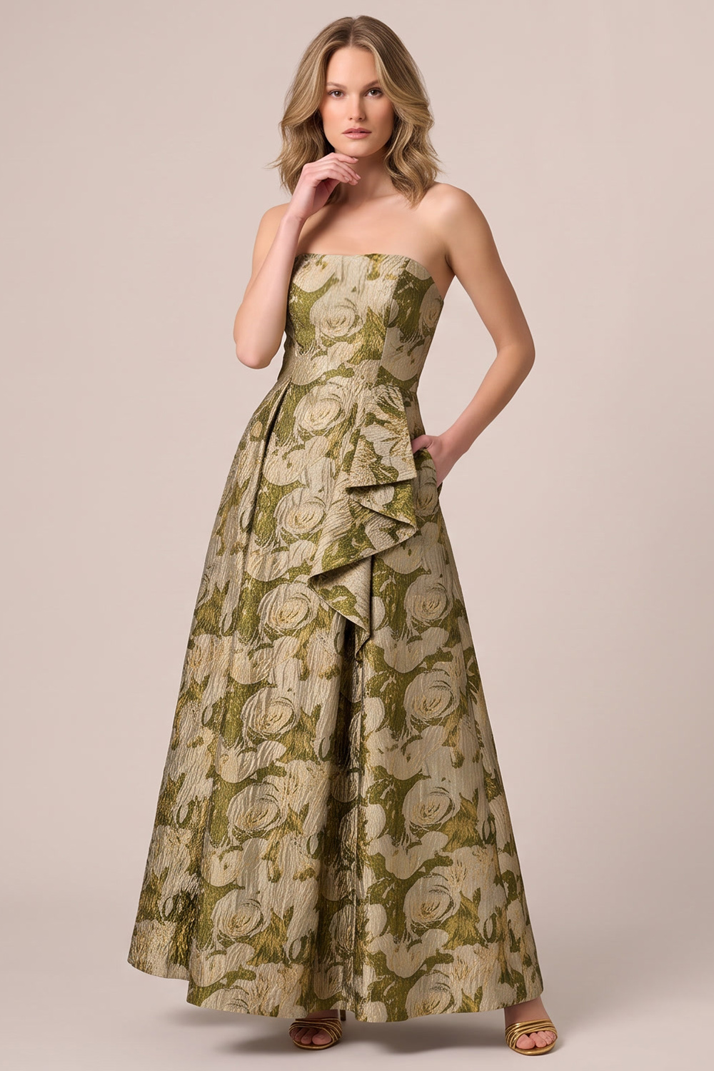 Gold Floral A-Line Strapless Long Formal Dress with Pocket
