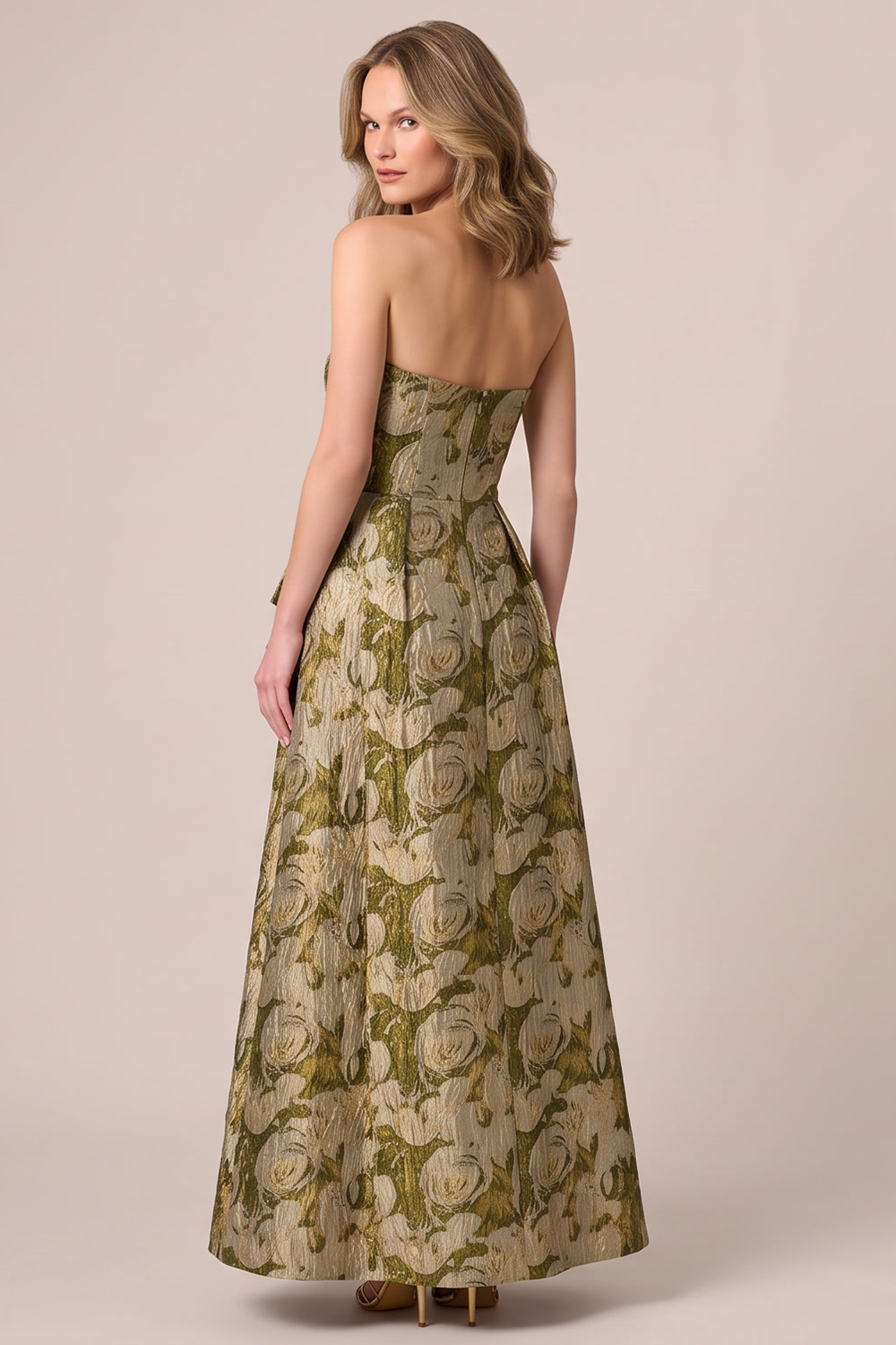 Gold Floral A-Line Strapless Long Formal Dress with Pocket