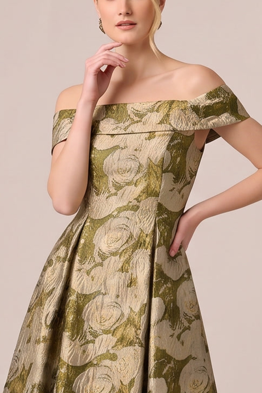 Gold Floral A-Line Off the Shoulder Long Formal Dress