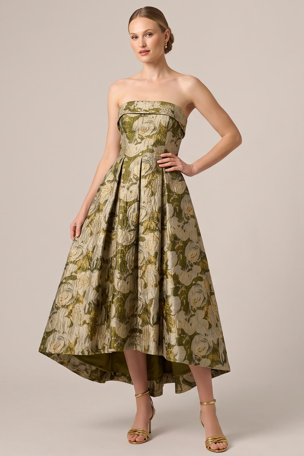 Gold A-Line Strapless Ruched High-Low Formal Dress