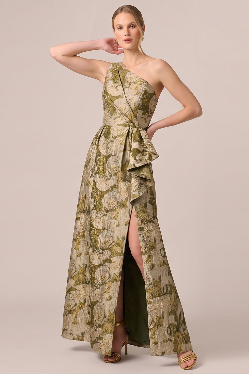 Gold A-Line One Shoulder Floral Long Formal Dress with Slit
