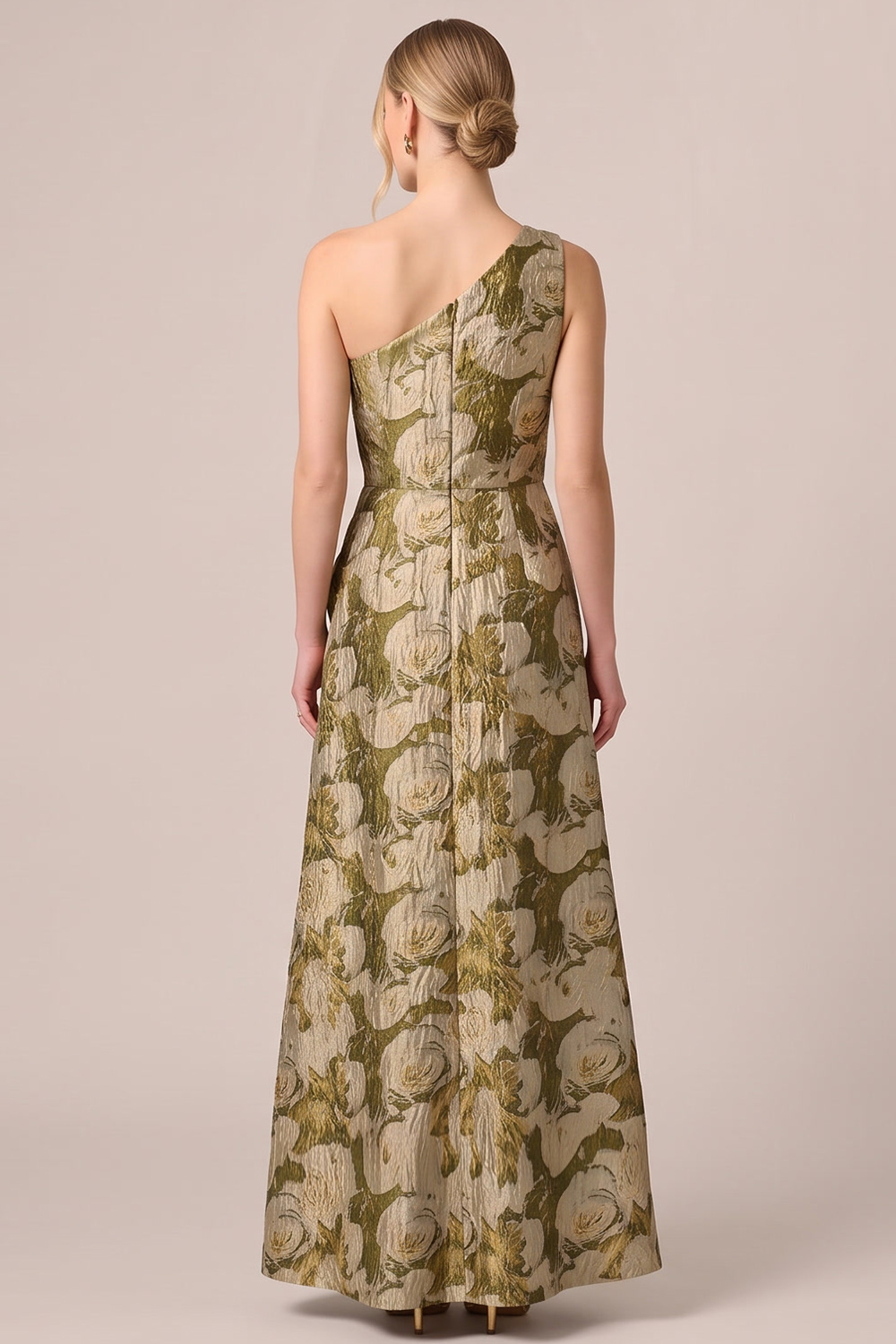 Gold A-Line One Shoulder Floral Long Formal Dress with Slit