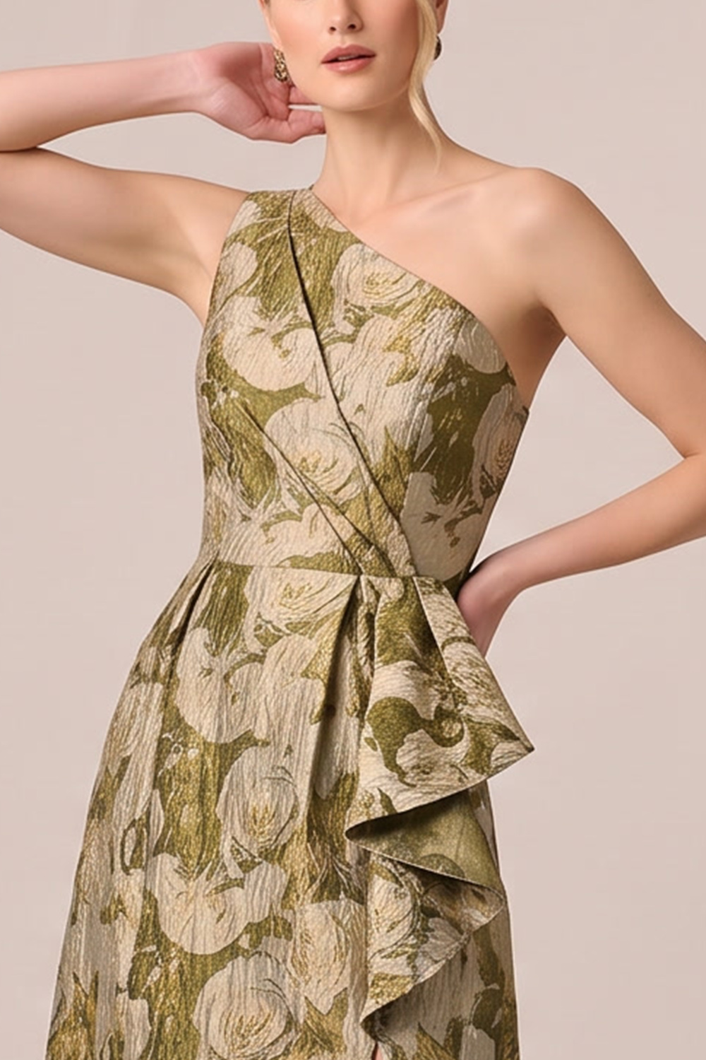 Gold A-Line One Shoulder Floral Long Formal Dress with Slit