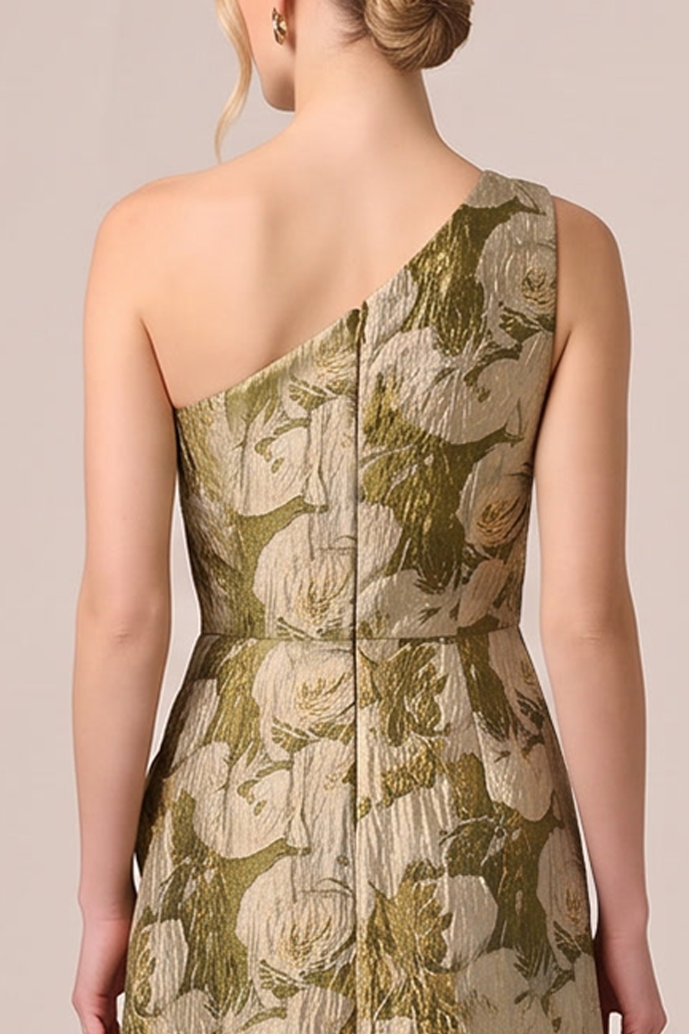 Gold A-Line One Shoulder Floral Long Formal Dress with Slit